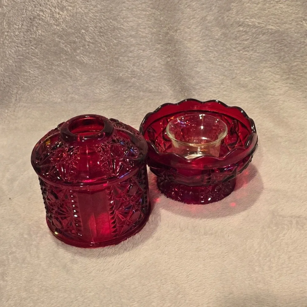 Vintage Indiana Glass Stars and Bars Ruby Flash‎ Red Fairy Lamp Candle Holder